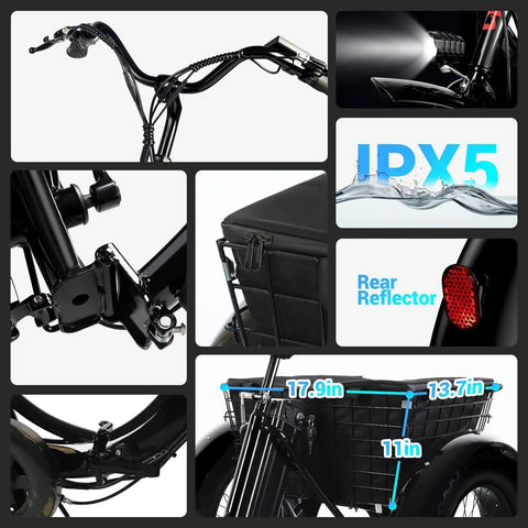 All Terrain Fat Tire Electric Tricycle For Adults With 750W Peak Motor, 36V 13Ah Lithium Battery, UL Certified, 15 MPH Top Speed, 3 Wheel Foldable E Bike, 20x4 Fat Tires, 80 Percent Assembled, Black, close-up of frame, basket, light and rear reflector