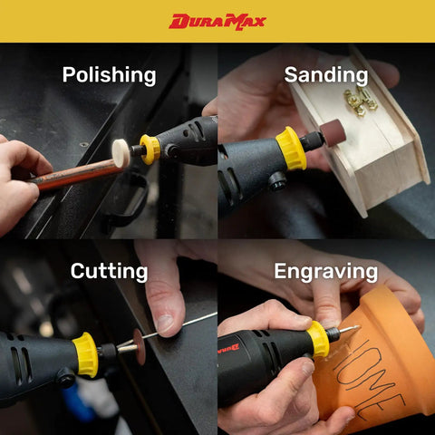Rotary Tool Kit With 40 Piece Accessory Set Including Diamond Point Bits And Carry Case Variable Speed 8000 To 30000 RPM 120V For Cutting Grinding Polishing And Sanding Your Go To DIY Setup For Home Projects showing polishing, sanding, cutting, and engraving.