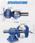 Heavy Duty 4 Inch Bench Vise With 360 Degree Swivel Base And Anvil, blue industrial-grade ductile iron with specifications