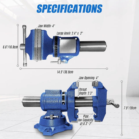 Heavy Duty 4 Inch Bench Vise With 360 Degree Swivel Base And Anvil, blue industrial-grade ductile iron with specifications