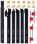 Heavy Duty 3/8 Indexable Lathe Turning Tool Set With Seven Angled Holders And Sharp Carbide Inserts For No Nonsense Shop Grade Metalworking Projects including black lathe bars and gold inserts.