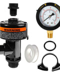 Manual air relief valve assembly with pool filter pressure gauge, black body, orange warning label, O-rings and clamp.