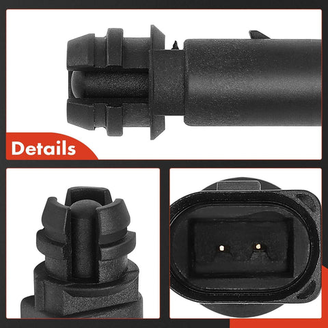 A-Premium air temperature sensor, black plastic, 2-pin for VW and Audi; side, close-up clip, and connector views.