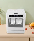 Compact countertop dishwasher with four power wash cycles and smart touch control, showcasing clean plates in a cozy kitchen.