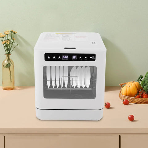 Compact countertop dishwasher with four power wash cycles and smart touch control, showcasing clean plates in a cozy kitchen.