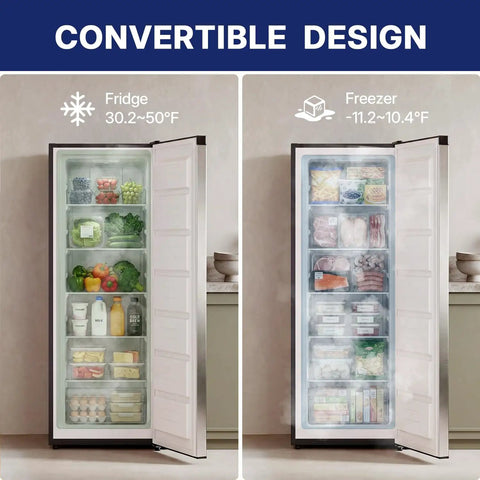 Your Go To Kitchen Game Changer 7 Cubic Foot Convertible Upright Freezer And Refrigerator In Silver, showcasing fridge and freezer settings.