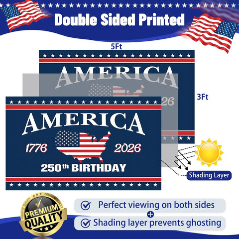 Patriotic 3x5 Ft Double Sided Three Layer American Flag For Outdoors And Indoors with 250th Birthday design