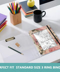 Floral Roses Zippered Coupon Binder Organizer for school supplies on desk with pencils and books, clipped into a 3-ring binder.