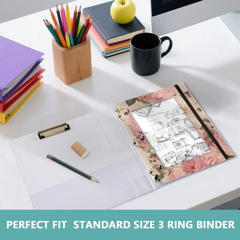 Floral Roses Zippered Coupon Binder Organizer for school supplies on desk with pencils and books, clipped into a 3-ring binder.