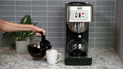 12 Cup Commercial Coffee Maker Stainless Steel Dual Brew Machine For Office And Restaurant with person pouring coffee