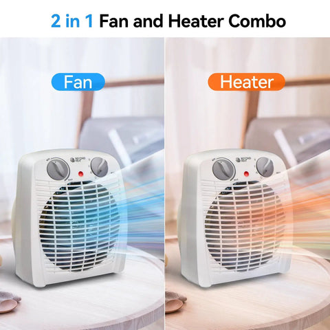 Portable 1500W Space Heater With Adjustable Thermostat And Overheat Protection next to fan mode on a desk