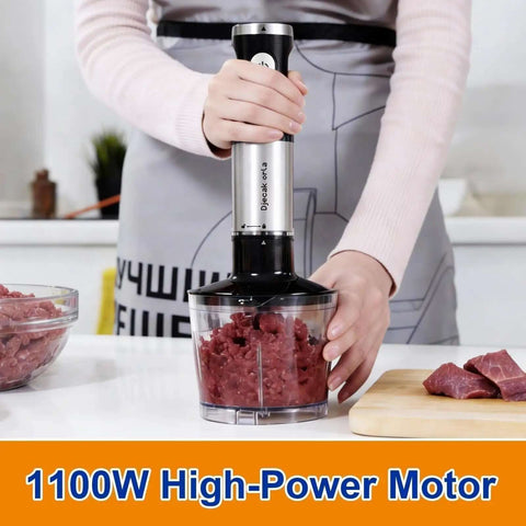 Close-up of Heavy Duty Handheld Immersion Blender Featuring A Badass 1100 Watt Motor and Zero Fuss Variable Speed Control in action with meat.
