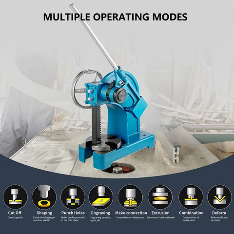 Industrial Grade 3 Ton Arbor Press With Ratchet Lever And Handwheel Quick Lift Frame For Punching Bending Riveting And Bearing Installations, shown in blue.