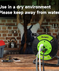 Heavy Duty Extension Cord Storage Reel With Four Grounded Outlets Pro Grade Portable Hand Crank Cord Roller in a kitchen.