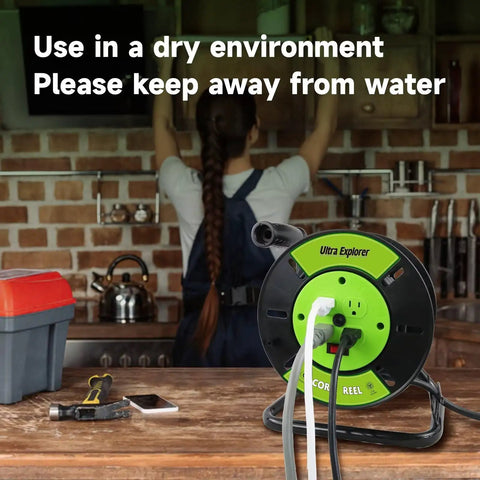 Heavy Duty Extension Cord Storage Reel With Four Grounded Outlets Pro Grade Portable Hand Crank Cord Roller in a kitchen.