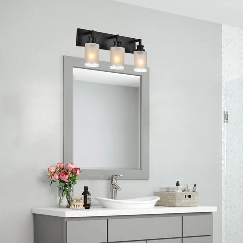 Dope Matte Black Three Light Bathroom Vanity Light With White Linen Glass Shades above modern bathroom mirror