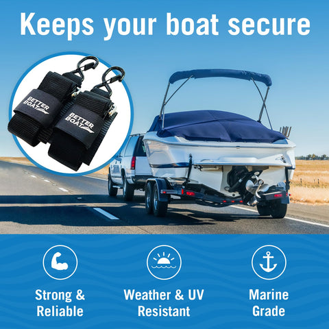 Heavy Duty 2 Inch By 48 Inch Boat Tie Down Straps for Trailer holding boat in place, marine grade durability showcased.