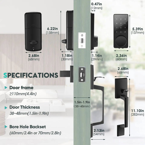 Keyless Entry Smart Door Lock With Touchscreen Keypad And Handle, Digital Deadbolt, App Control size specifications