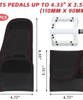2 Pack Bike Pedal Covers With 3.5mm Neoprene Cushioned Pedal Sleeves next to a medium bike pedal, dimensions shown