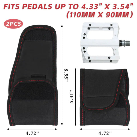 2 Pack Bike Pedal Covers With 3.5mm Neoprene Cushioned Pedal Sleeves next to a medium bike pedal, dimensions shown