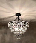 5 Light Crystal Chandelier Ceiling Light Fixture Semi Flush Mount Black Finish, E12 Indoor Lighting For Farmhouse Hallway Foyer Kitchen Dining Room Bedroom Living Room, Dimmable Modern Rustic Crystal Glow featuring tiered crystal design in black mount.