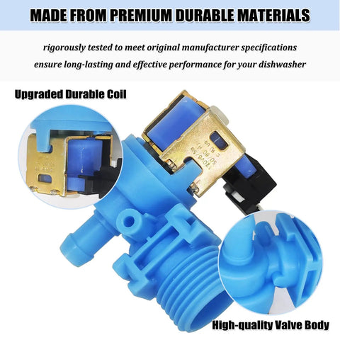 Dishwasher Inlet Valve Replacement W10327249 WPW10327249 with blue coil and durable plastic valve body