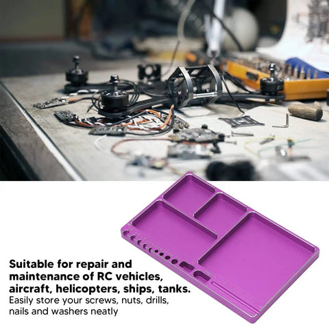 Magnetic Aluminum Screw Tray For RC Repairs And Maintenance Holds Screws Nuts And Washers The Go To Organizer For Vehicles Aircraft Boats And Shop Tools in a workshop setting