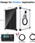 25W 12V Solar Panel Kit With 10A Charge Controller and extension cables, dimensions and components for outdoor use
