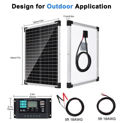 25W 12V Solar Panel Kit With 10A Charge Controller and extension cables, dimensions and components for outdoor use