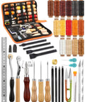 Leather Working Tools Kit For Beginners And Hobbyists, 7 In 1 Stitching Groover Awl Set displayed with threads and tools.
