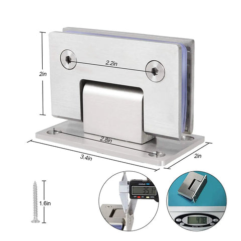 Two Pack 90 Degree Frameless Shower Door Hinges Beefy Heavy Duty Stainless Steel Gate Clamps For 8 To 12 Mm Toughened Glass Rust And Corrosion Resistant Bathroom Hardware, showing hinge dimensions and weight measurement.