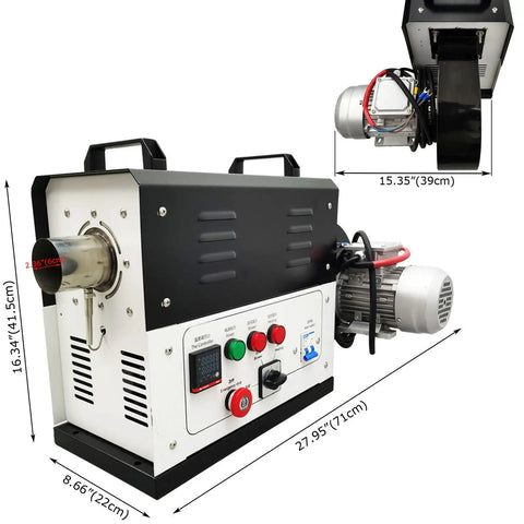 Heavy Duty Professional Grade Industrial Heat Blower With Thermostatic Hot Air Circulator and Killer Pid Temp Control for High Power Drying Oven, side view with dimensions