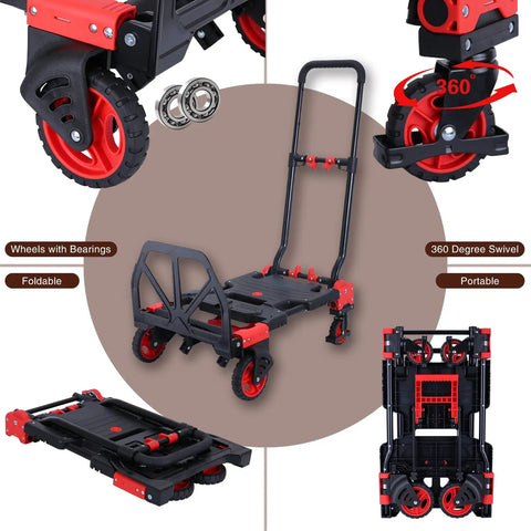 Heavy Duty 2-In-1 Folding Hand Truck And Utility Dolly Cart With 5-Inch Dual Rubber Wheels, foldable design, 360-degree swivel wheels.