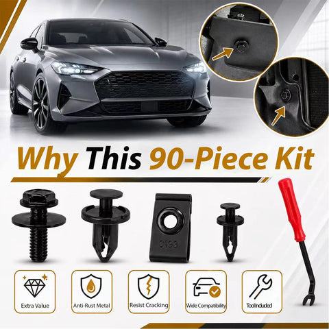 Straight Up Heavy Duty 90 Piece Auto Fastener Kit With Removal Tool Secures Engine Splash Shields Fender Wells And Bumpers Smoothly showing bolts, clips, and tool.
