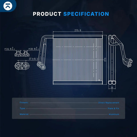Front AC Evaporator Core Featuring Parallel Flow Design For Nissan Altima Murano Maxima Pathfinder Or Infiniti JX35 QX60 specifications drawing with dimensions.
