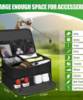 Golf Trunk Organizer With Two Layer Storage and Separate Compartment for Two Pairs of Shoes shown open with golf items