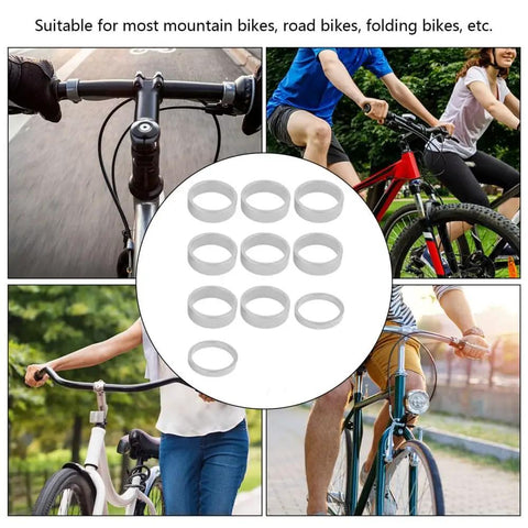 Collage featuring Ten Pack Bike Headset Spacers For One And One Eighth Inch Steerer Aluminum Alloy Stem Spacers Silver Finish