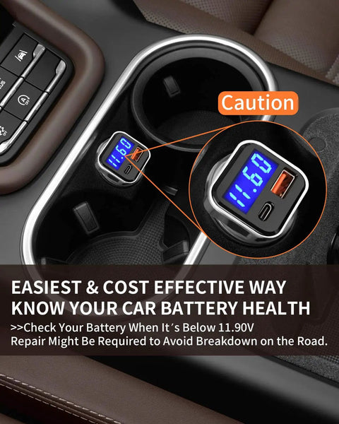 Game Changer Hella Fast Dual Port 30W Usb C Car Charger With Built In Led Voltage Meter showing battery voltage in vehicle console.