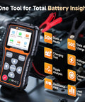 BT705Plus Car Battery Tester 24V 12V Load Tester And Alternator Tester For Fast, Accurate Battery Health Checks Even On Nearly Dead Batteries Built For Pros And DIYs Who Want Fast Results, Clear Readings, And Dependable Performance., handheld car battery tester with alligator clips on engine bay