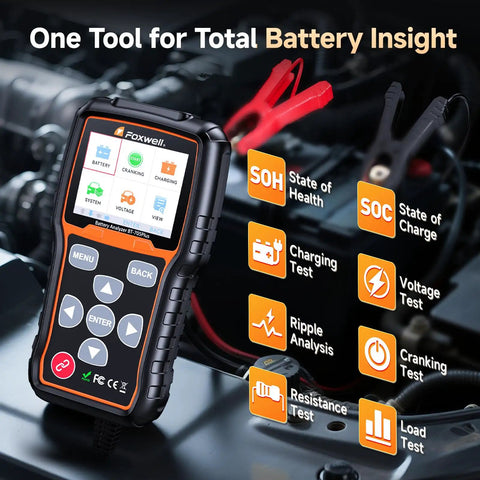 BT705Plus Car Battery Tester 24V 12V Load Tester And Alternator Tester For Fast, Accurate Battery Health Checks Even On Nearly Dead Batteries Built For Pros And DIYs Who Want Fast Results, Clear Readings, And Dependable Performance., handheld car battery tester with alligator clips on engine bay