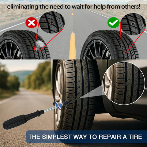 Self Service Tire Plug Kit With Screw Type Plugs And Compact Screwdriver demonstrating tire repair on road