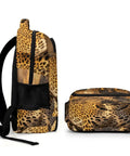 Wild Leopard Print Backpack For Everyone, Large Capacity Daypack, side and top view, durable polyester with smooth zipper, unisex use
