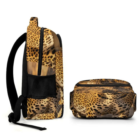 Wild Leopard Print Backpack For Everyone, Large Capacity Daypack, side and top view, durable polyester with smooth zipper, unisex use