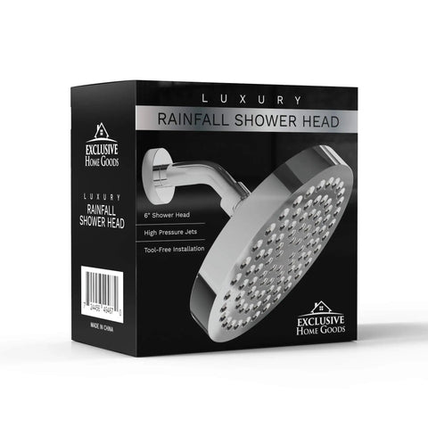 Box of Deluxe Chrome Rainfall Shower Head With 6 Inch Diameter, High-Pressure Jets, Anti-Clog Silicone Nozzles, 2.5 GPM Flow