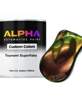 Professional Superflake Paint Basecoat And Midcoats Gallon Ready To Spray With Slow Reducer For Custom Auto Jobs That Turn Heads And Look Absolutely Dope, showcasing Tsunami Superflake and gallon container.