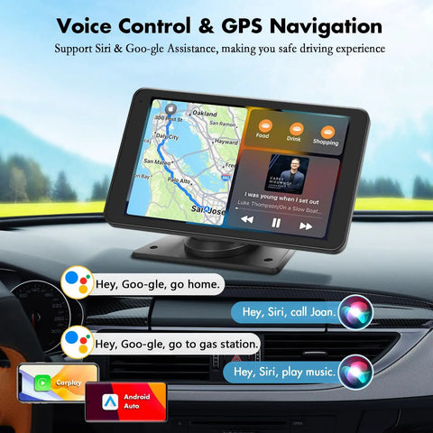 Wireless CarPlay And Android Auto Portable 7 Inch HD Touchscreen Car Stereo in car showing map and music app
