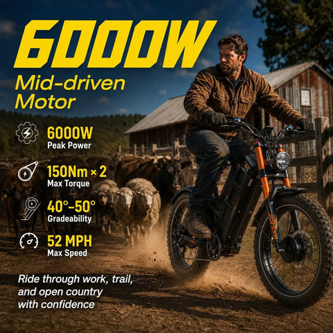 Heavy Duty 26 Inch Electric Bike With Badass 6000W Dual Motor And 80Ah Battery, 52 Mph Top Speed, 300 Mile Long Range riding on a dirt trail.