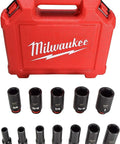 Heavy Duty Three Eighths Inch Drive Socket Set, Twelve Piece SAE Deep Six Point Impact Sockets, DP Series, red case