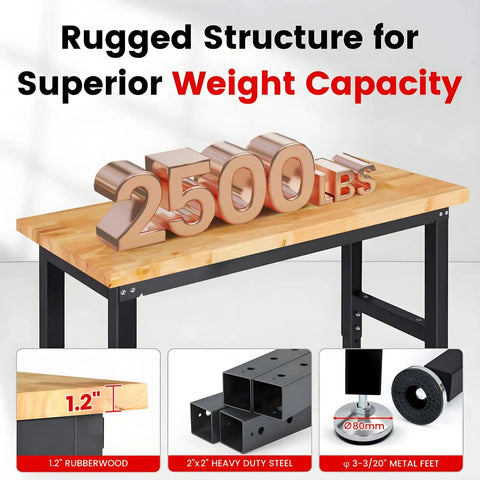Built Tough 48 Inch Workbench With Rock Solid Rubberwood Top Adjustable Steel Frame Pegboard Rack Built In Power Outlet Garage Work Table For Shop And Home Setup