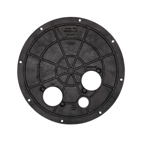 Sewage Basin Cover With Flanges And Cord Grommet, Gas Tight Odor Free Seal, Heavy Duty Structural Foam Construction, Reusable PVC Seal For 8 Bolt System, Made In USA Model SF16101E - top view showing multiple flanges and grommet